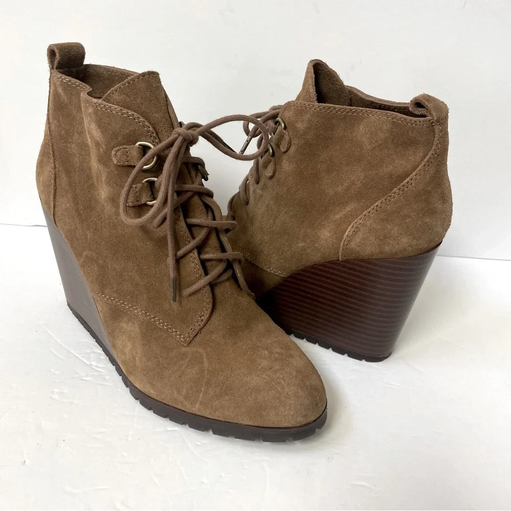 Anthropologie Splendid Paris Brown Suede Wedge Lace-Up Ankle Booties Size 9